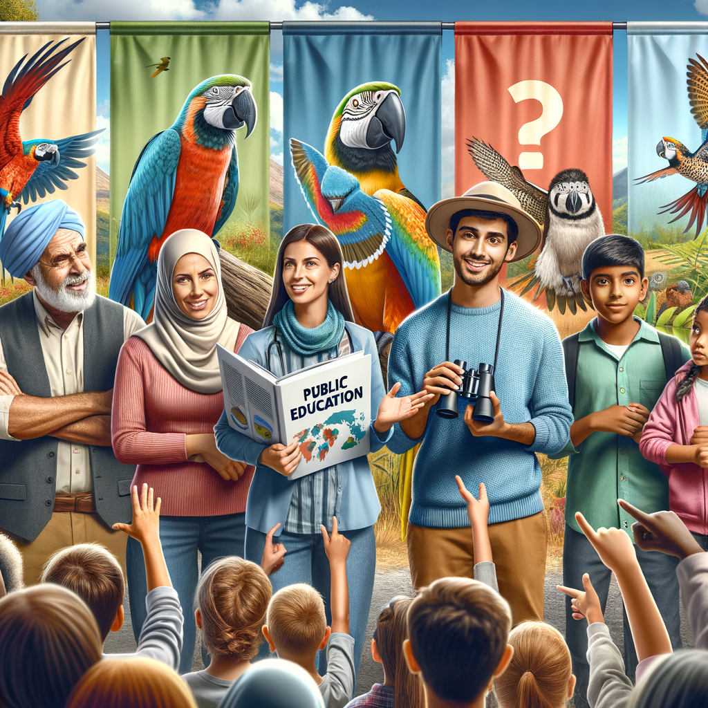 Diverse group participating in a public education event for Macaw conservation, featuring colorful banners, various Macaw species, wildlife conservation symbols, and materials on Macaw habitat preservation and protection.