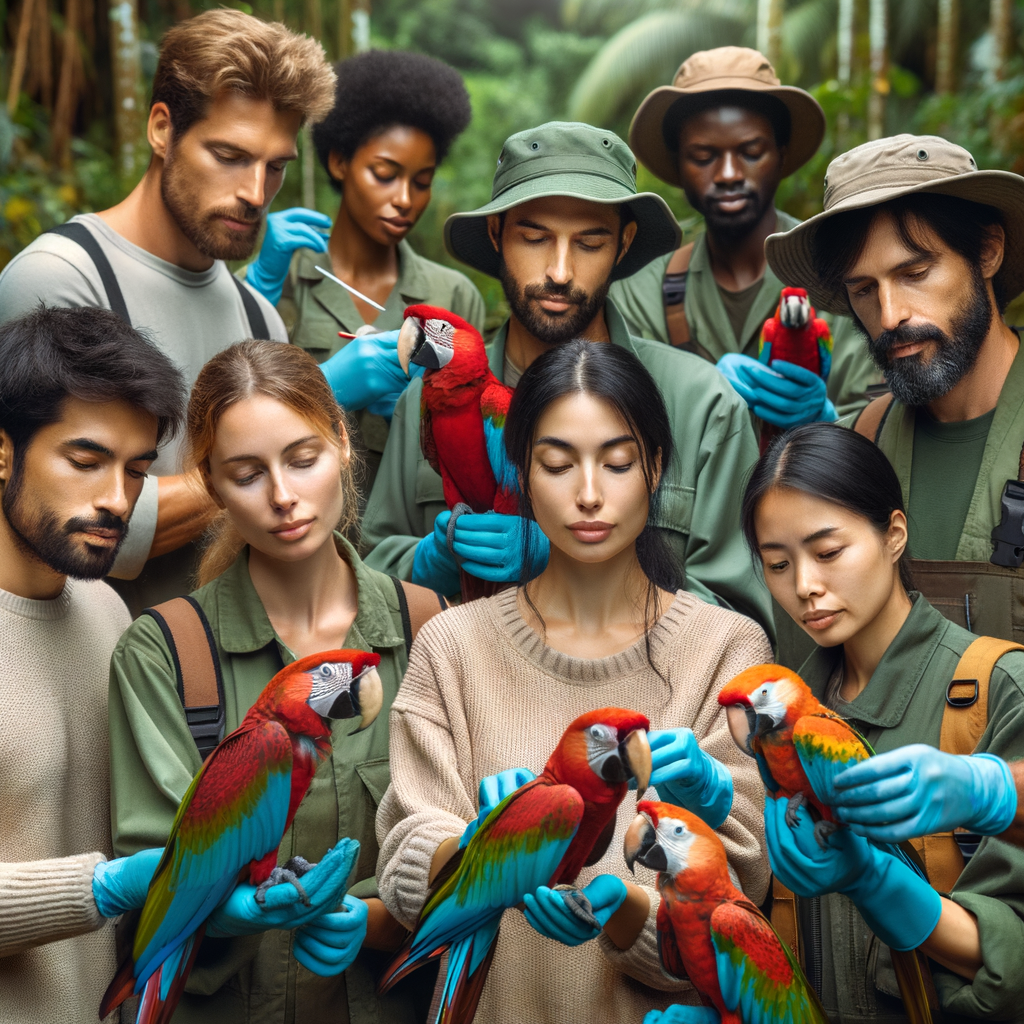 Conservation team working on Macaw species protection in a tropical environment, symbolizing bird recovery programs and efforts in saving endangered Macaws worldwide.