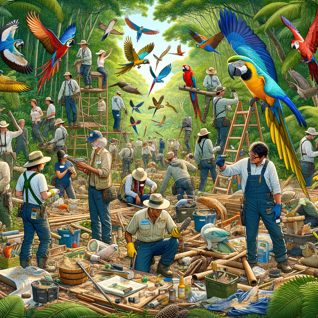 Wildlife restoration workers rebuilding Macaw habitat in a tropical rainforest, emphasizing the importance of bird conservation projects and Macaw conservation.