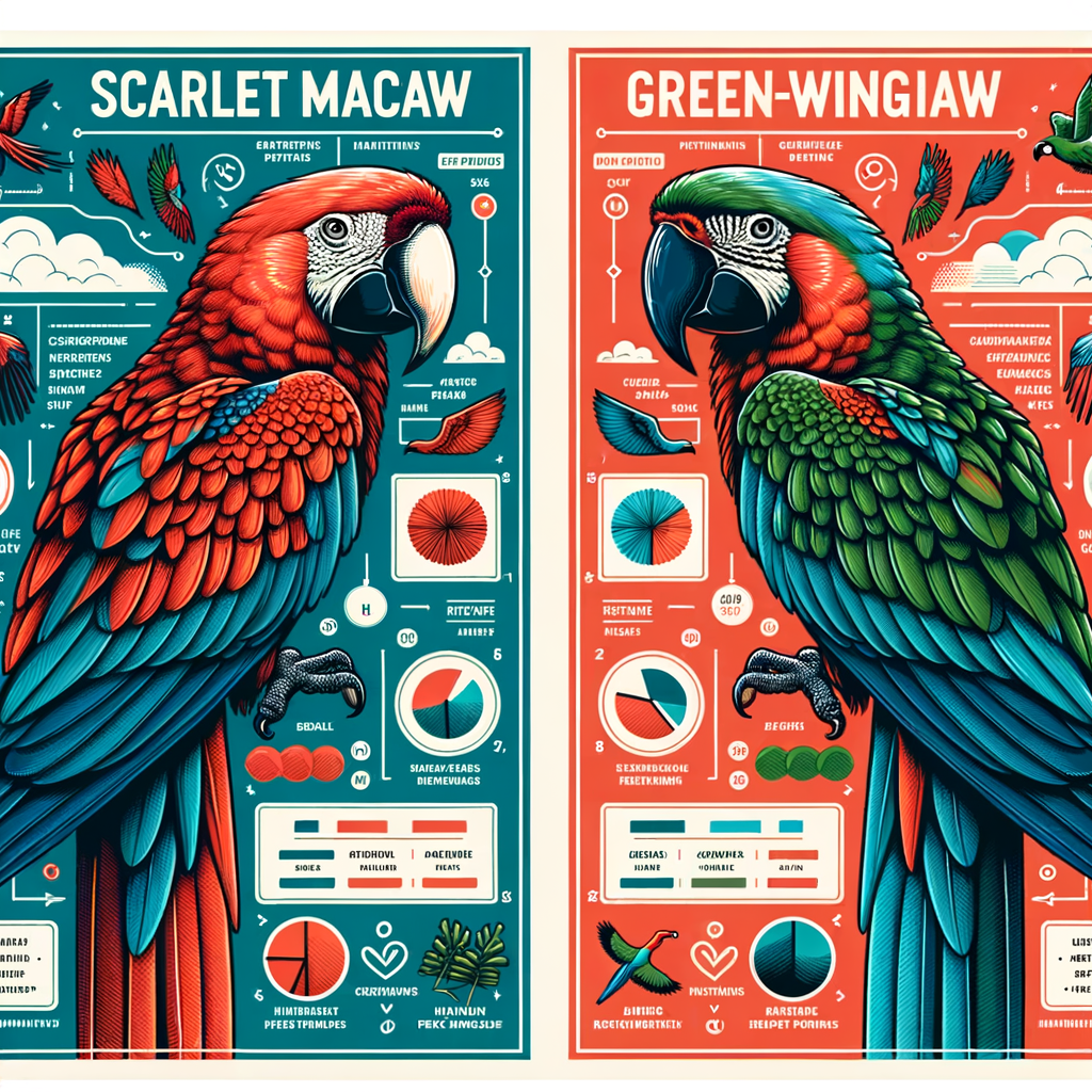Infographic comparing Scarlet Macaw characteristics and Green-Winged Macaw traits, highlighting differences and similarities between these vibrant Macaw bird species.