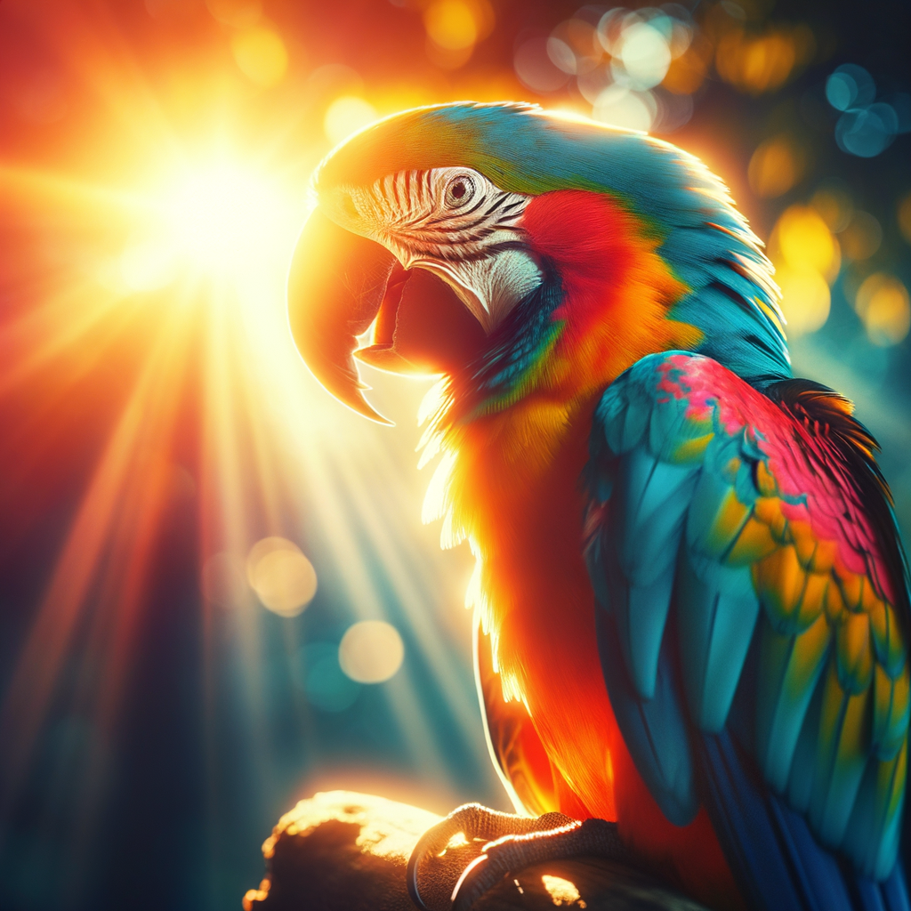 Healthy macaw basking in sunlight, demonstrating the importance of UVB light for macaw health and care, highlighting the impact of sunlight on vibrant plumage and overall vitality.