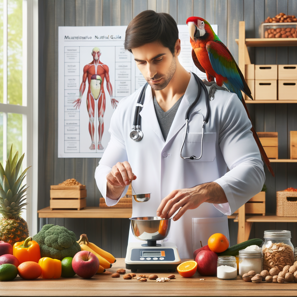 Veterinarian preparing a balanced diet for macaws, emphasizing the importance of variety in bird diet to prevent nutritional deficiencies, with a macaw feeding guide and nutritional chart in the background