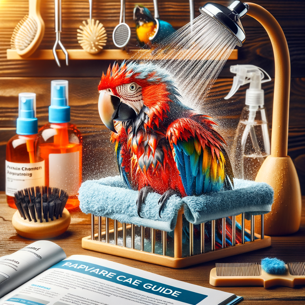 Macaw enjoying bath time with water spray, demonstrating bird bathing techniques, surrounded by grooming tools and a Macaw care guide, highlighting pet bird hygiene and cleanliness tips for keeping Macaws clean.