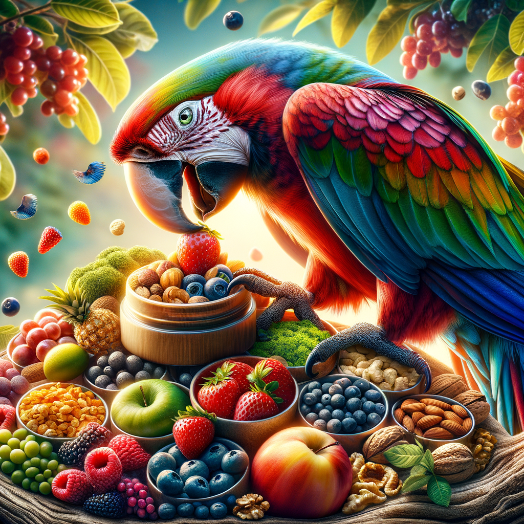 Macaw enjoying a healthy diet of natural superfoods for birds, demonstrating the health benefits and macaw health improvement through nutritional superfoods, emphasizing the importance of natural nutrition for macaws.