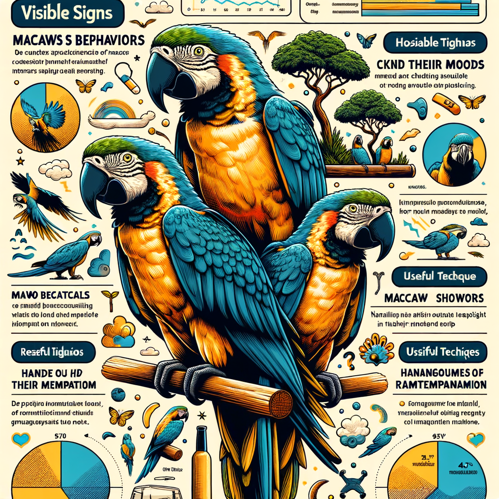 Infographic detailing Macaw behavior guide, understanding and managing Macaw mood swings, and tips for effective Macaw mood management for a survival guide.