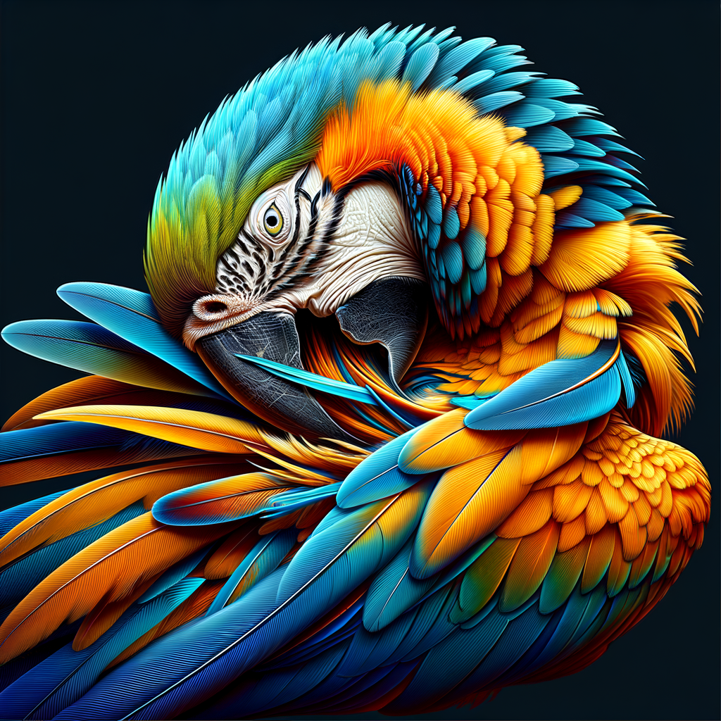 Macaw bird preening its feathers, showcasing Macaw behavior and mood signs, providing visual cues for understanding bird moods and Macaw care.