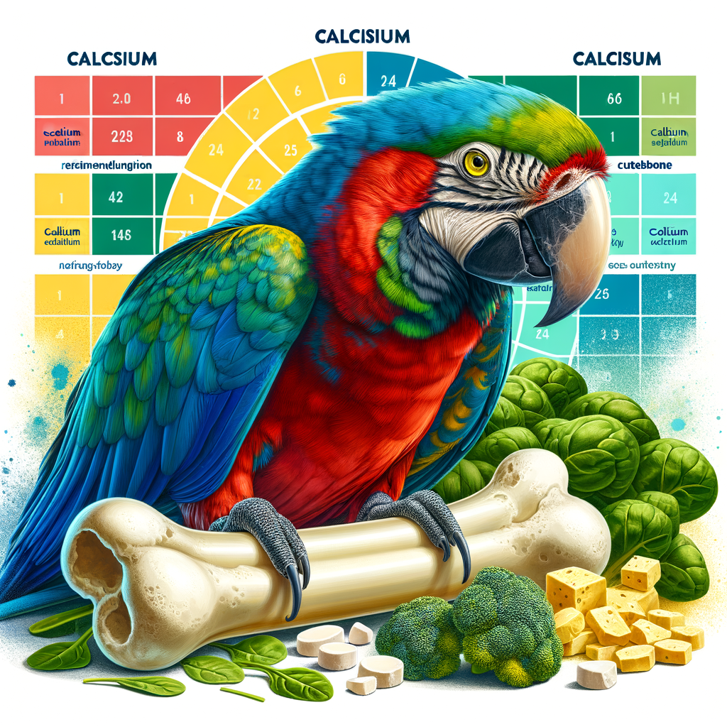 Macaw perched on cuttlebone with calcium-rich foods and nutrient chart, illustrating the importance of calcium in macaw diet for optimal nutrition and prevention of calcium deficiency.