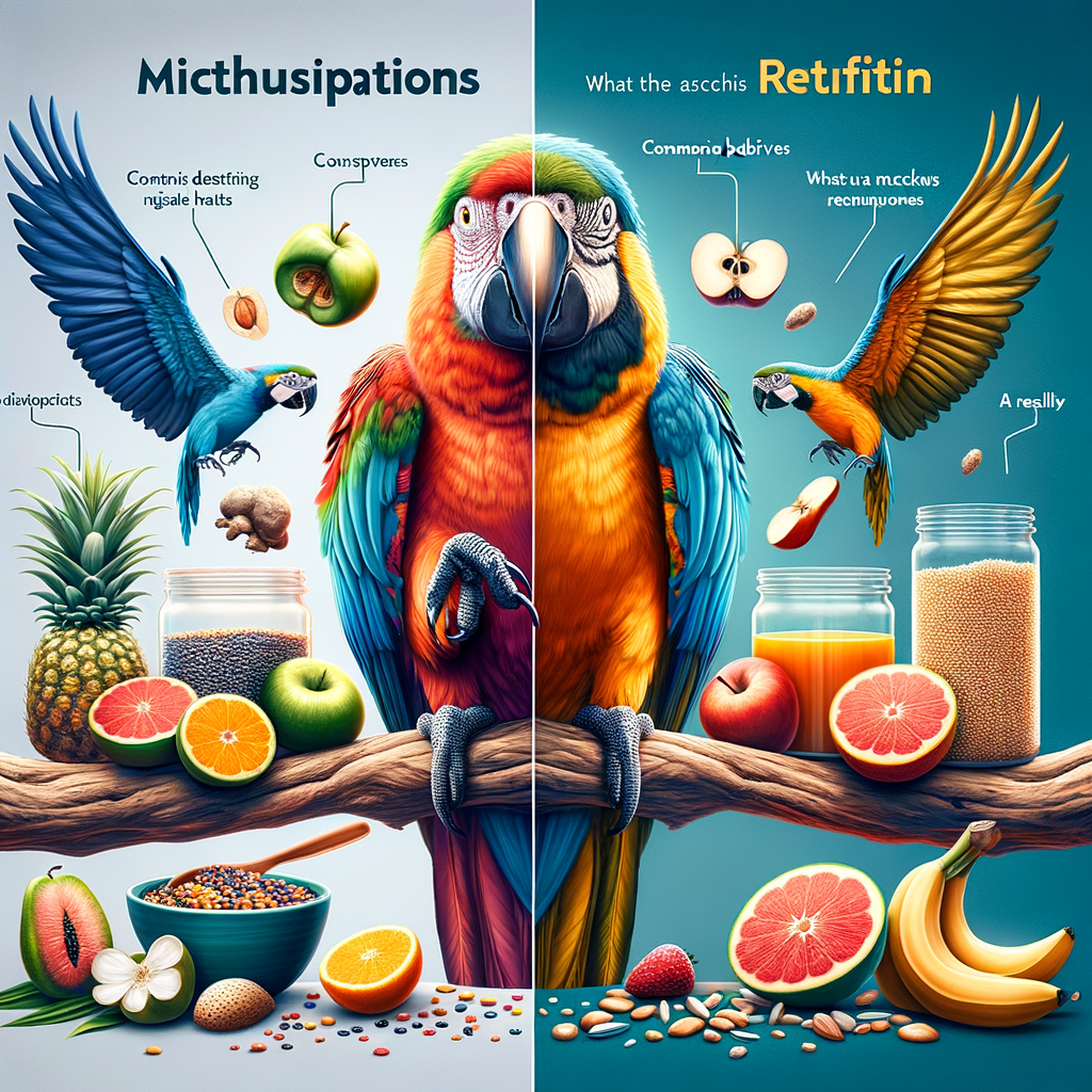 Vibrant macaw feeding on fruits and seeds, debunking macaw diet myths and revealing the truth about macaw nutrition, illustrating fact vs fiction in macaw diet.