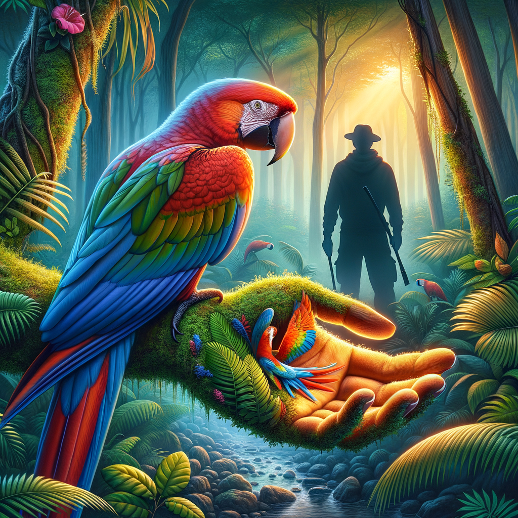 Macaw in rainforest with symbolic shadowy figure representing illegal Macaw trade, and visual elements showcasing Macaw conservation efforts to combat Macaw poaching.