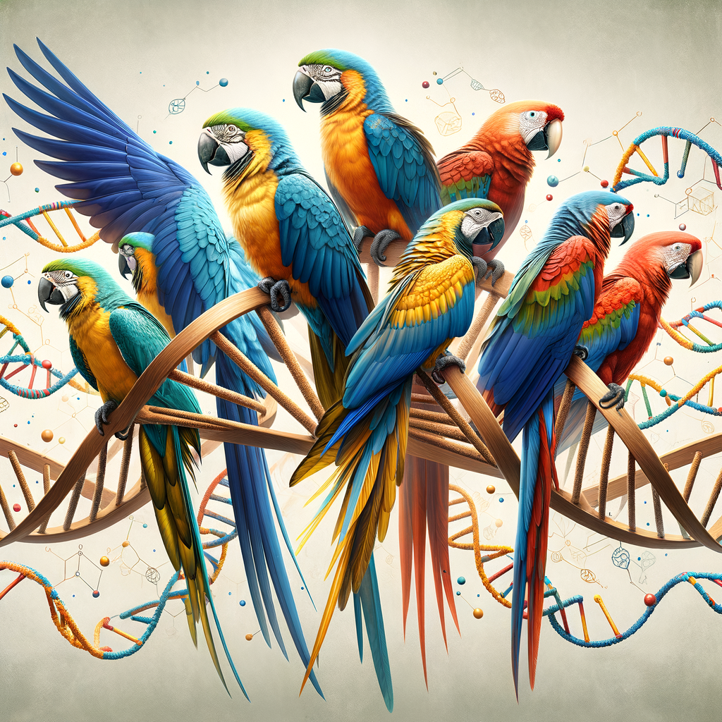 Scientific illustration of Macaw species diversity and genetics, showcasing the science of plumage coloration and the connection between bird genetics and Macaw coloration, emphasizing genetic research on Macaws and Macaw DNA.