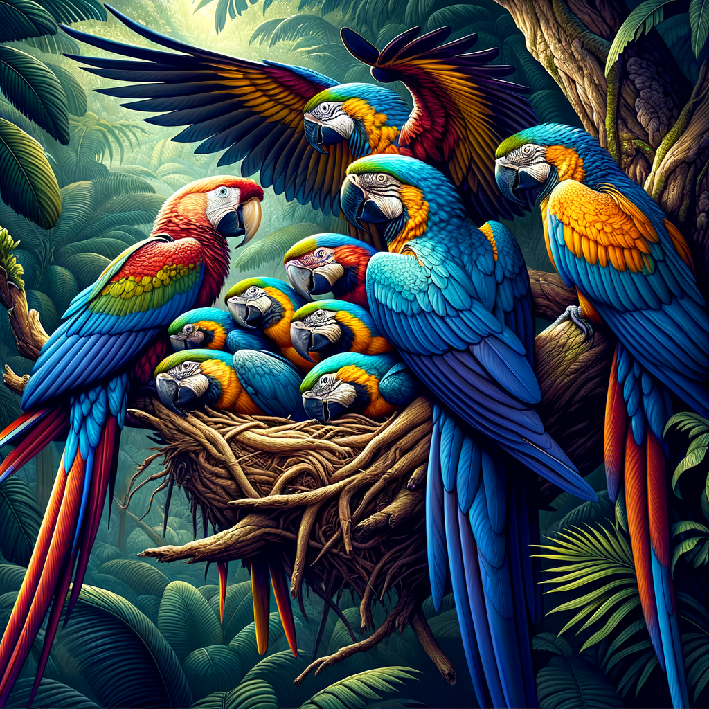 Vibrant image of wild Macaw species showcasing insightful observations of Macaw behavior patterns in their natural habitat, reflecting a comprehensive study and understanding of Macaw species in the wild.