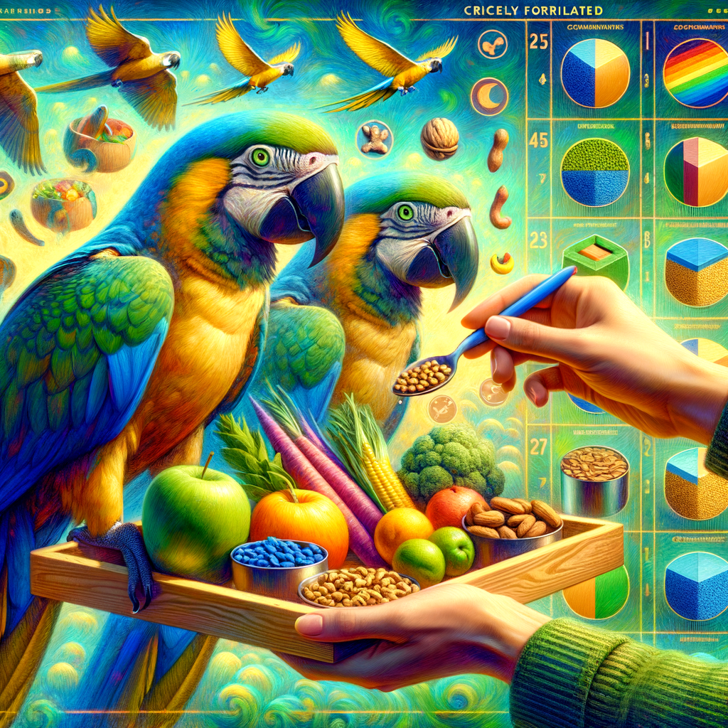 A professional caregiver feeding young macaws a balanced diet of fresh fruits, vegetables, nuts, and pellets, with a detailed feeding schedule in the background.