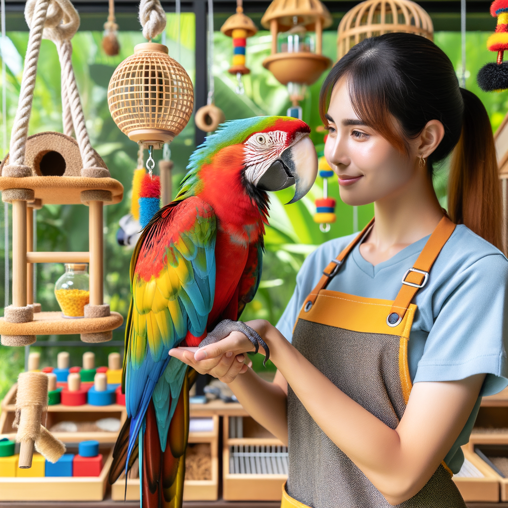 A vibrant macaw with feather plucking and aggression issues being trained by a professional in an enriching environment, showcasing effective macaw behavior solutions.