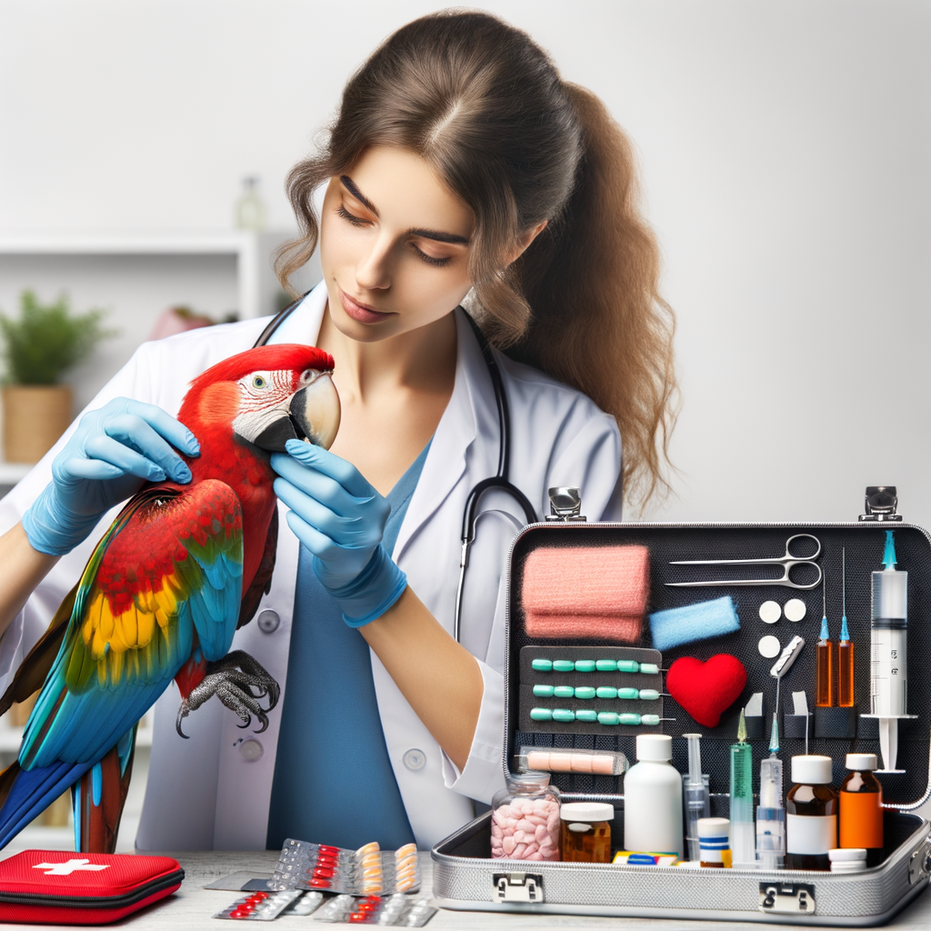 Professional veterinarian demonstrating first aid procedures on a macaw, highlighting essential tools and supplies for macaw emergency care.