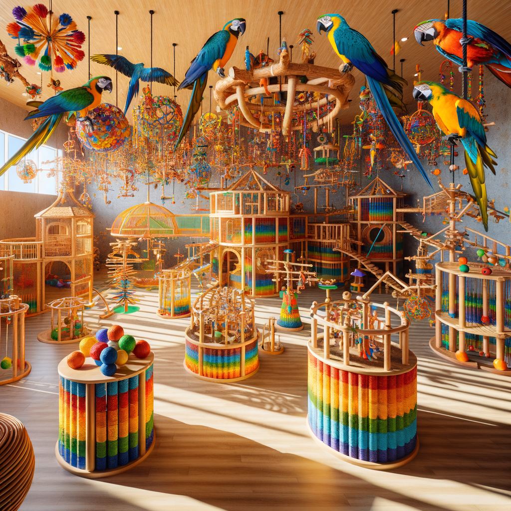 Vibrant indoor macaw play area setup with colorful toys, sturdy play gym, and engaging enrichment activities for a safe and stimulating environment.