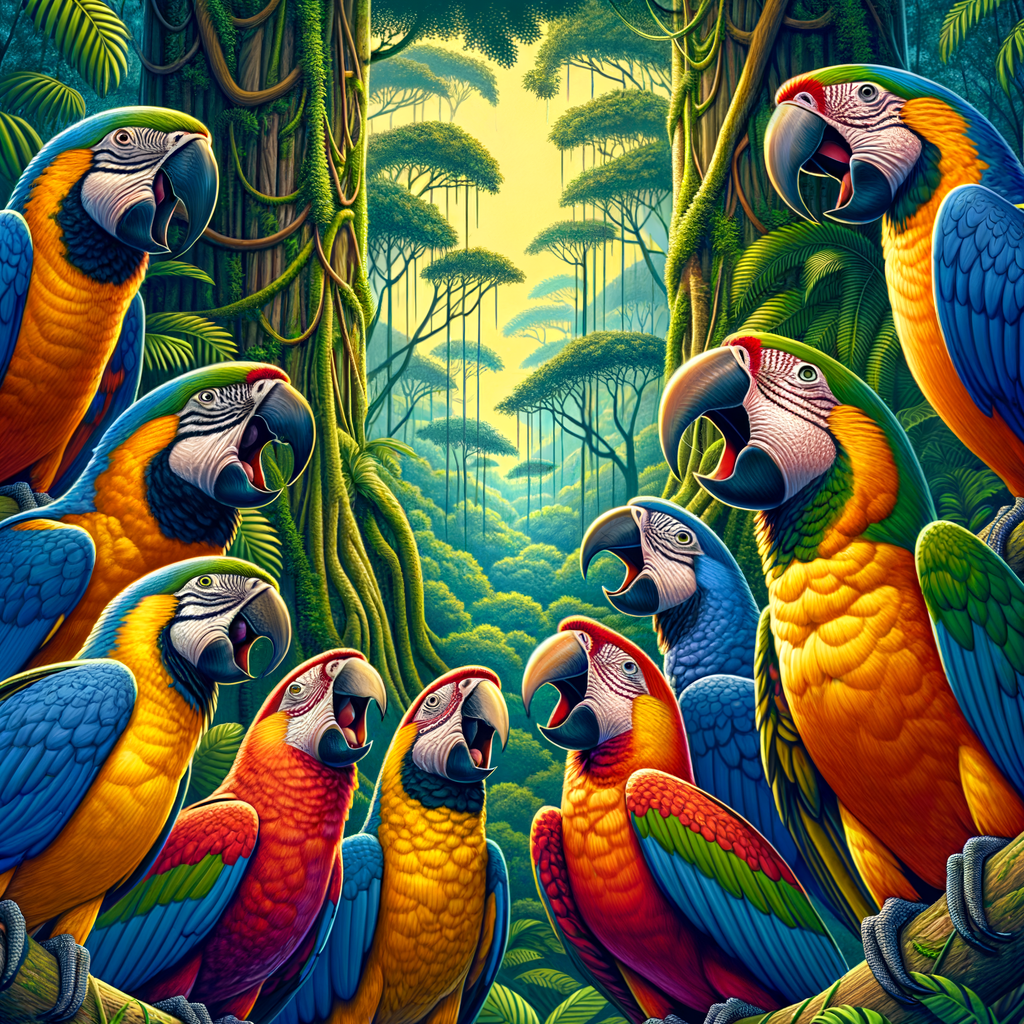 A vibrant scene of macaws in a lush rainforest, showcasing diverse vocal behaviors and unique macaw vocal patterns for understanding macaw calls and communication.