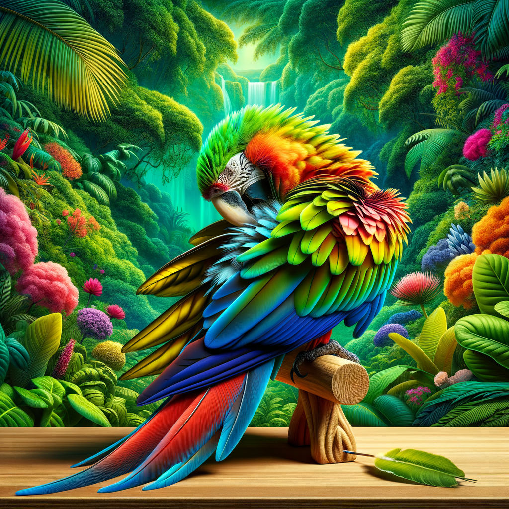 Healthy preening tips for macaws: A vibrant macaw preens its colorful feathers on a wooden stand, showcasing natural grooming behavior in a lush tropical setting.