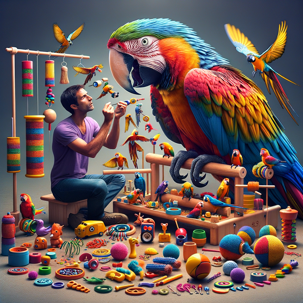 A vibrant macaw on a wooden stand with colorful toys, as a trainer uses positive reinforcement for vocal training, illustrating macaw speech development techniques.