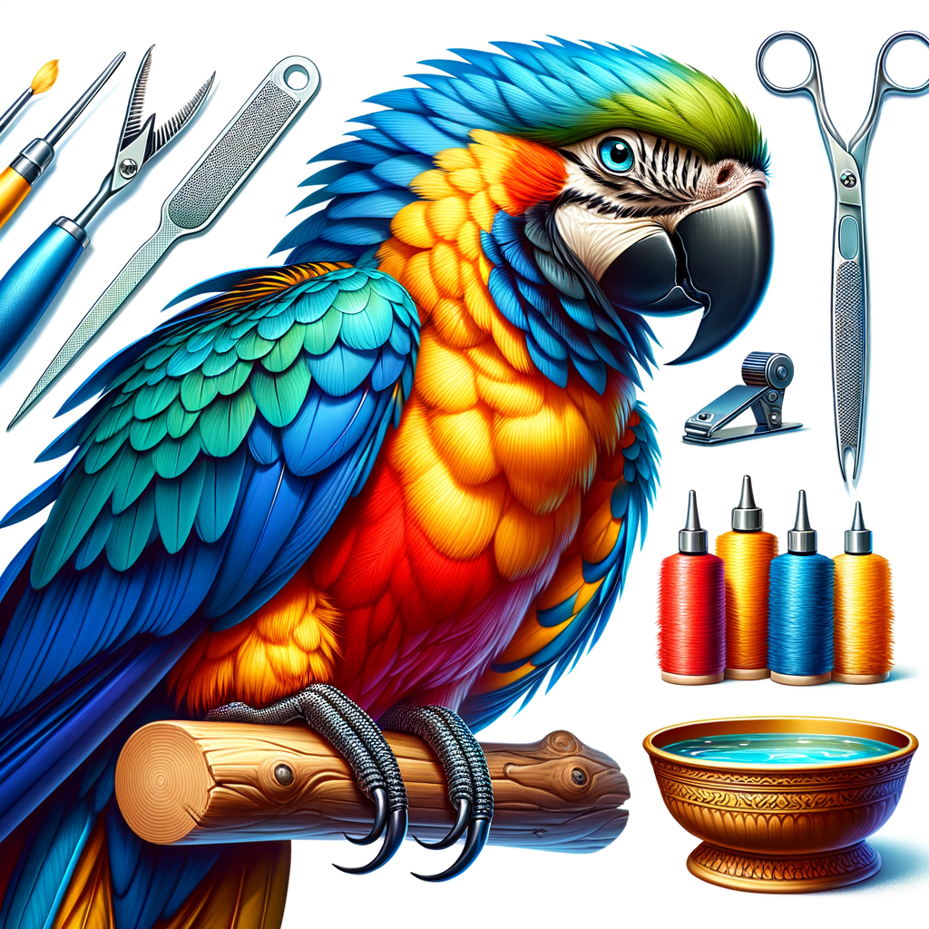 Vibrant macaw on a branch with grooming tools and basin nearby, illustrating essential macaw grooming tips and hygiene practices.