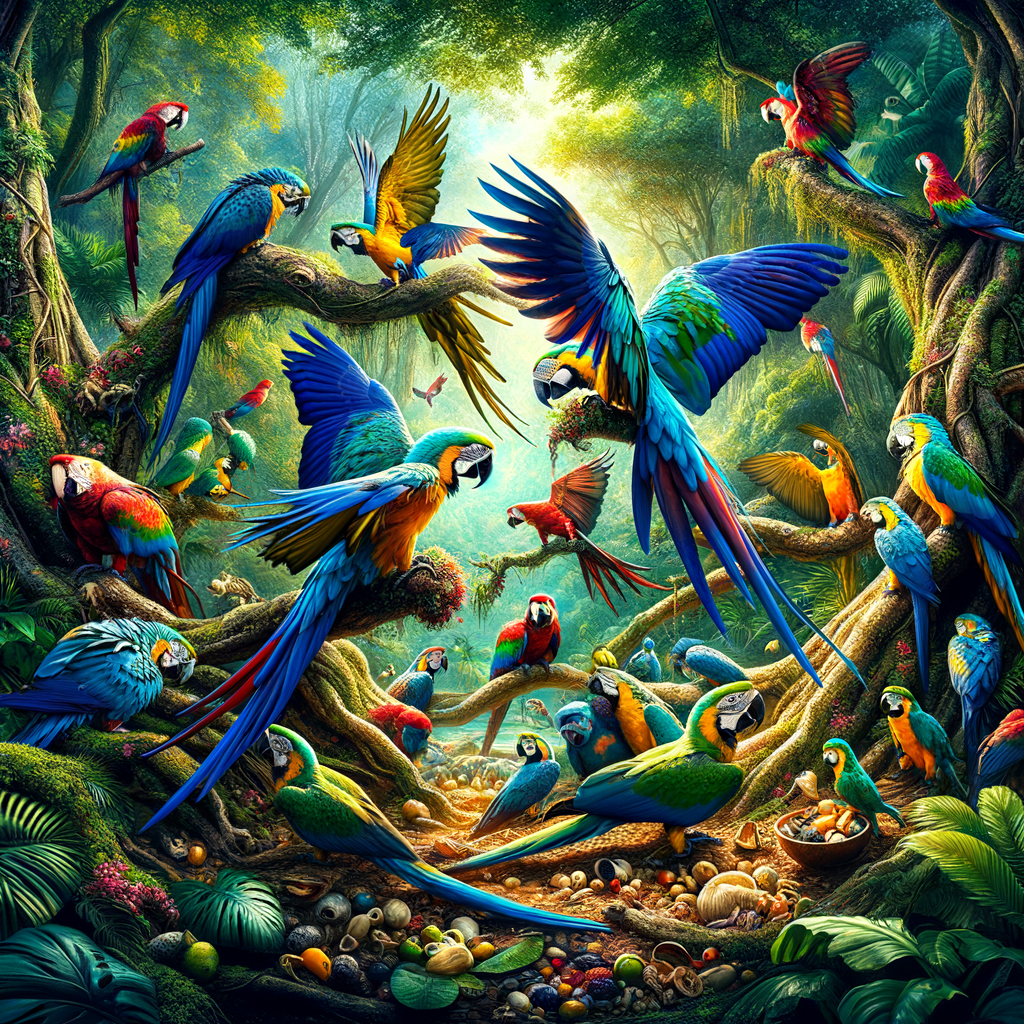 Vibrant wild macaws in their natural tropical rainforest habitat, showcasing colorful plumage, nesting sites, and feeding habits.