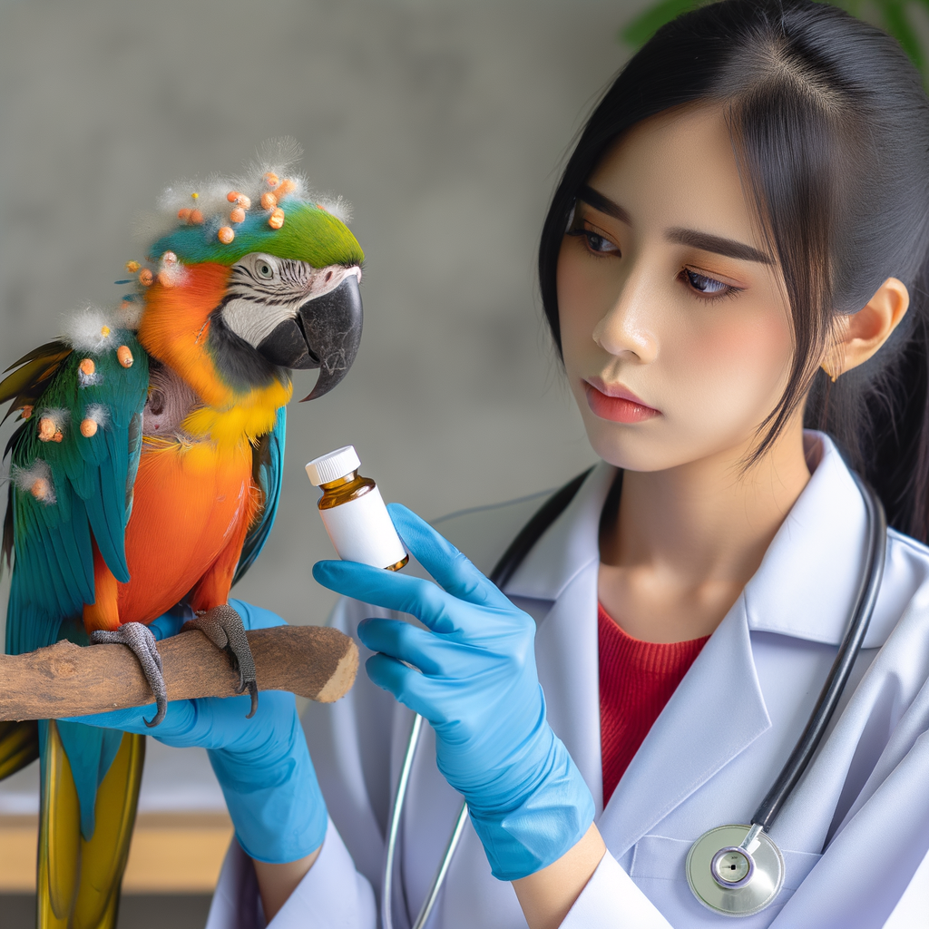 Vibrant macaw with parasite symptoms being examined by a vet for macaw parasite treatment in a clinical setting.