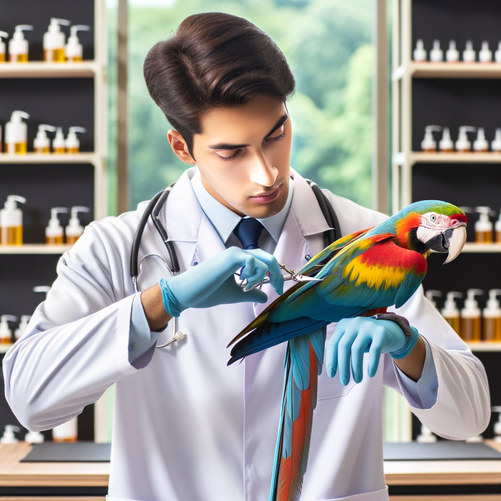 Professional avian veterinarian demonstrating safe macaw wing trimming techniques in a well-equipped clinic, highlighting proper macaw wing care and maintenance.