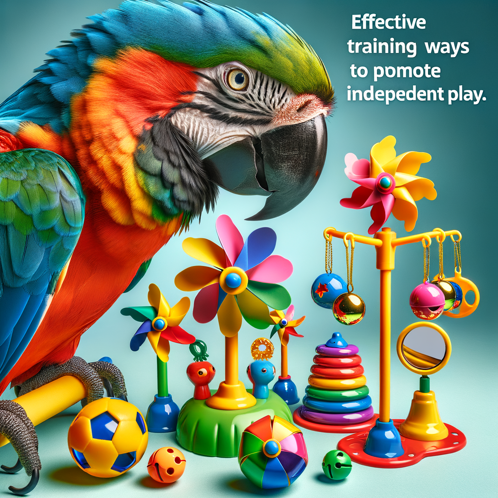 Vibrant macaw engaging with toys on a colorful play gym, demonstrating macaw training tips and enrichment activities for independent play and mental stimulation.