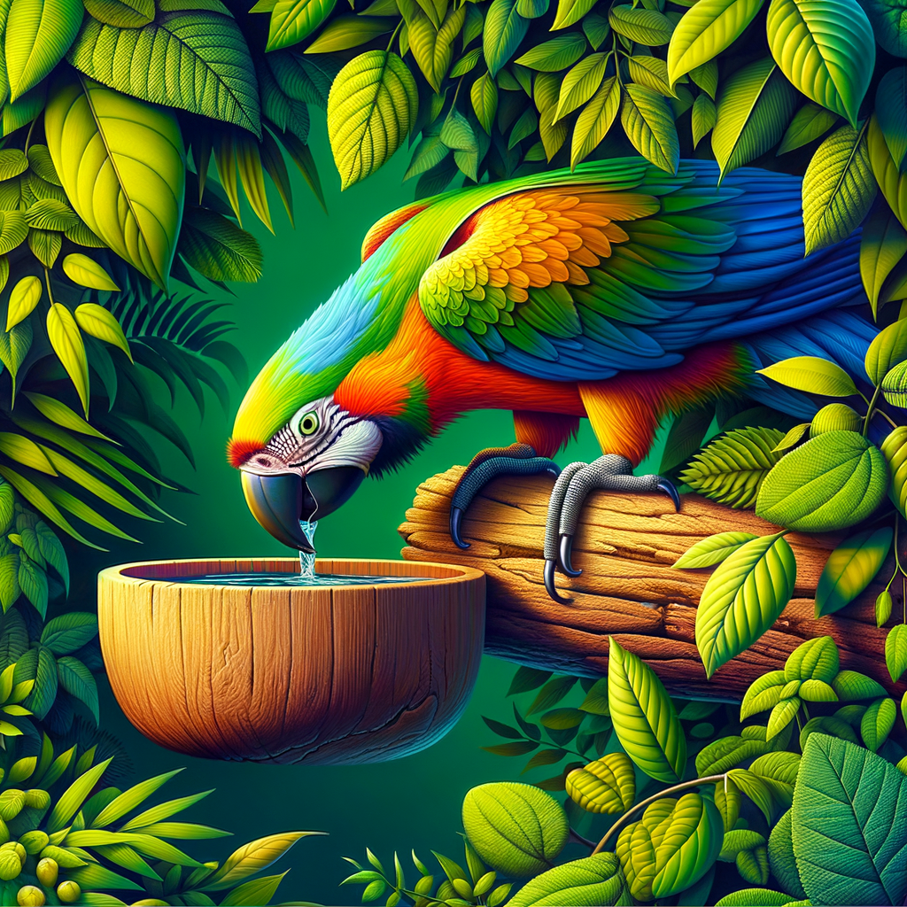 Vibrant macaw drinking water from a hanging bowl, highlighting macaw hydration needs and healthy drinking habits amidst lush greenery.