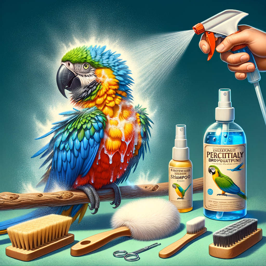 Vibrant macaw enjoying a mist shower, surrounded by bird grooming supplies, illustrating macaw bathing tips and essential hygiene practices.