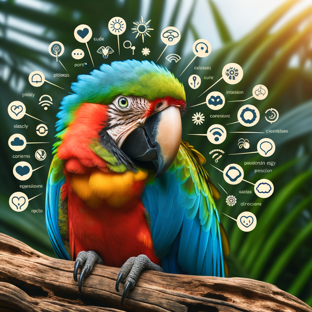 Vibrant macaw on a branch showcasing body language cues like fluffed feathers and eye movements, illustrating macaw communication and behavior for a comprehensive guide on understanding macaw signals and emotional cues.