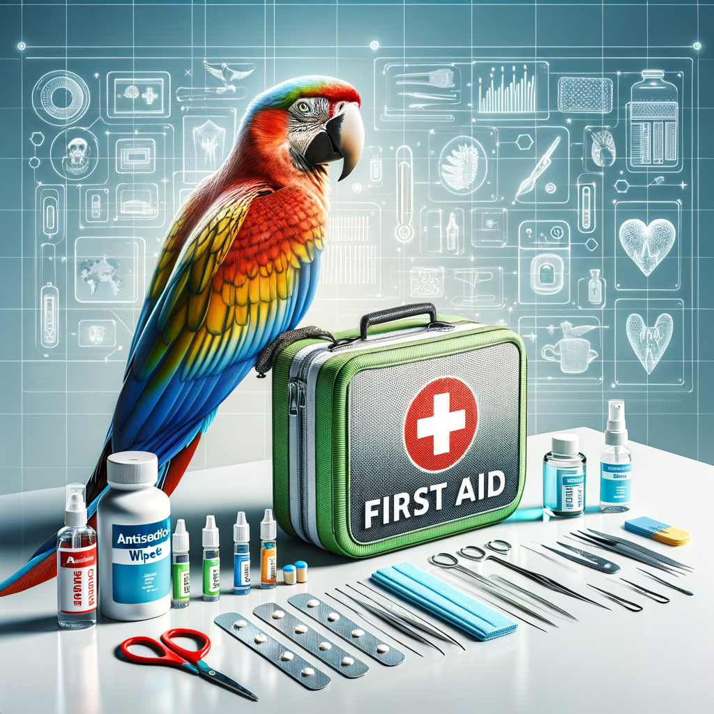 Professional first aid kit for macaws with essential items like bandages, antiseptic wipes, tweezers, and a digital thermometer, highlighting macaw emergency care and wound treatment.