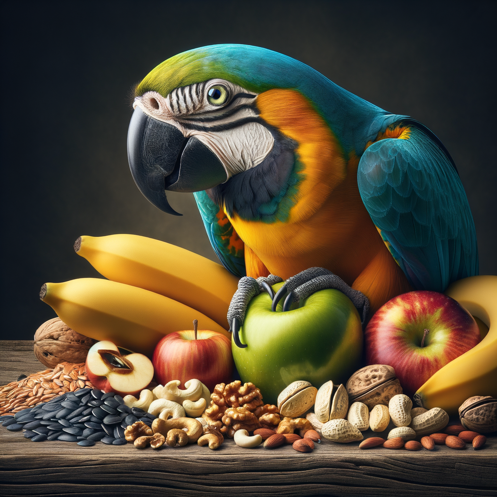 Vibrant macaw perched on a branch with fruits, nuts, and seeds, highlighting macaw diet, feeding habits, and best food for macaws.