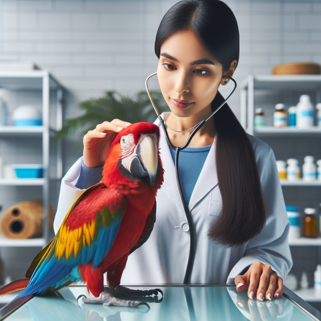 A concerned avian vet examines a vibrant macaw's feathers and beak on an examination table, highlighting macaw health signs and symptoms.