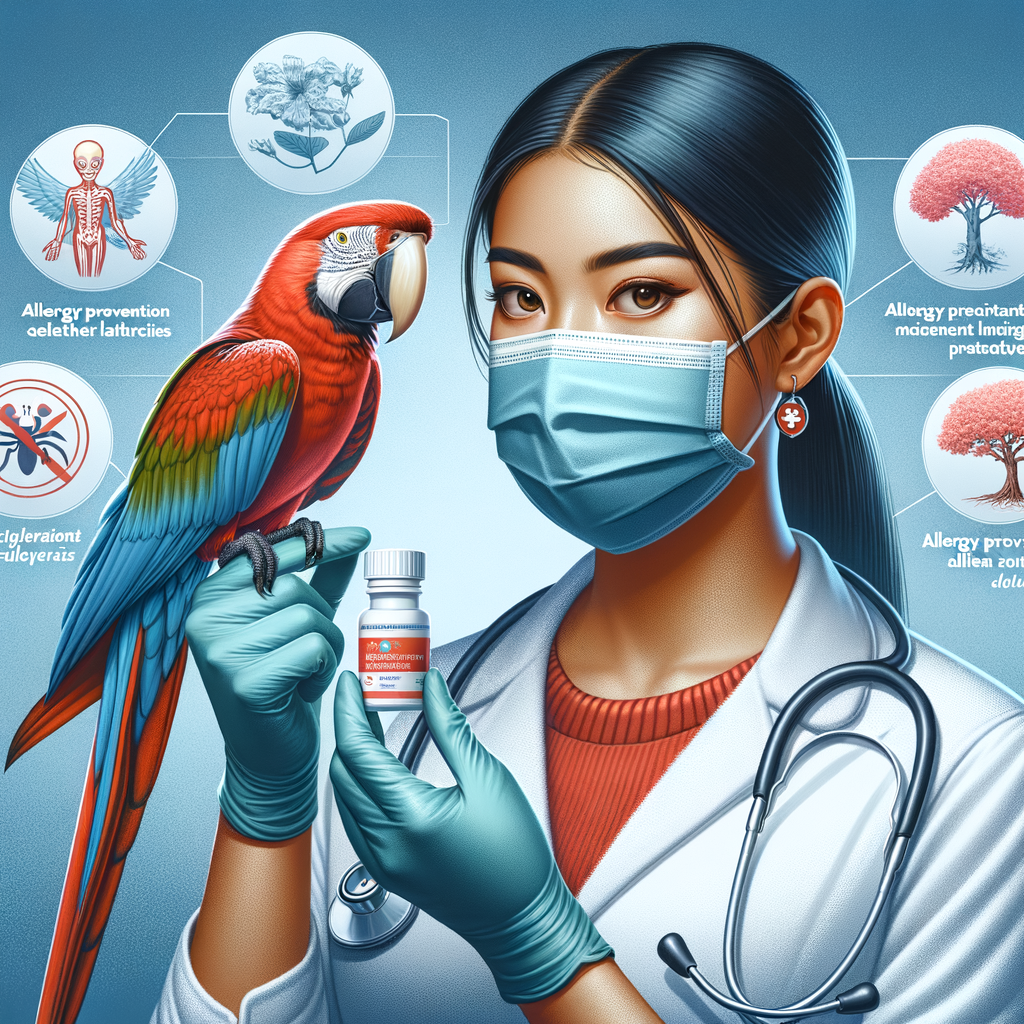 Person in a professional setting wearing a mask and gloves handling a macaw, emphasizing managing macaw allergies, including dander and feather allergies, and showcasing prevention and treatment methods.