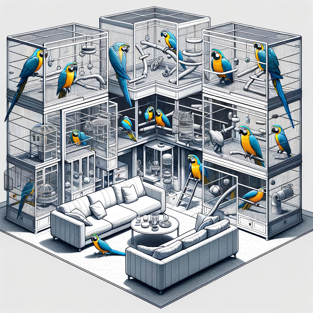 Spacious living room with multiple macaws in large bird cages, showcasing effective macaw socialization techniques and optimal multi-bird household management.