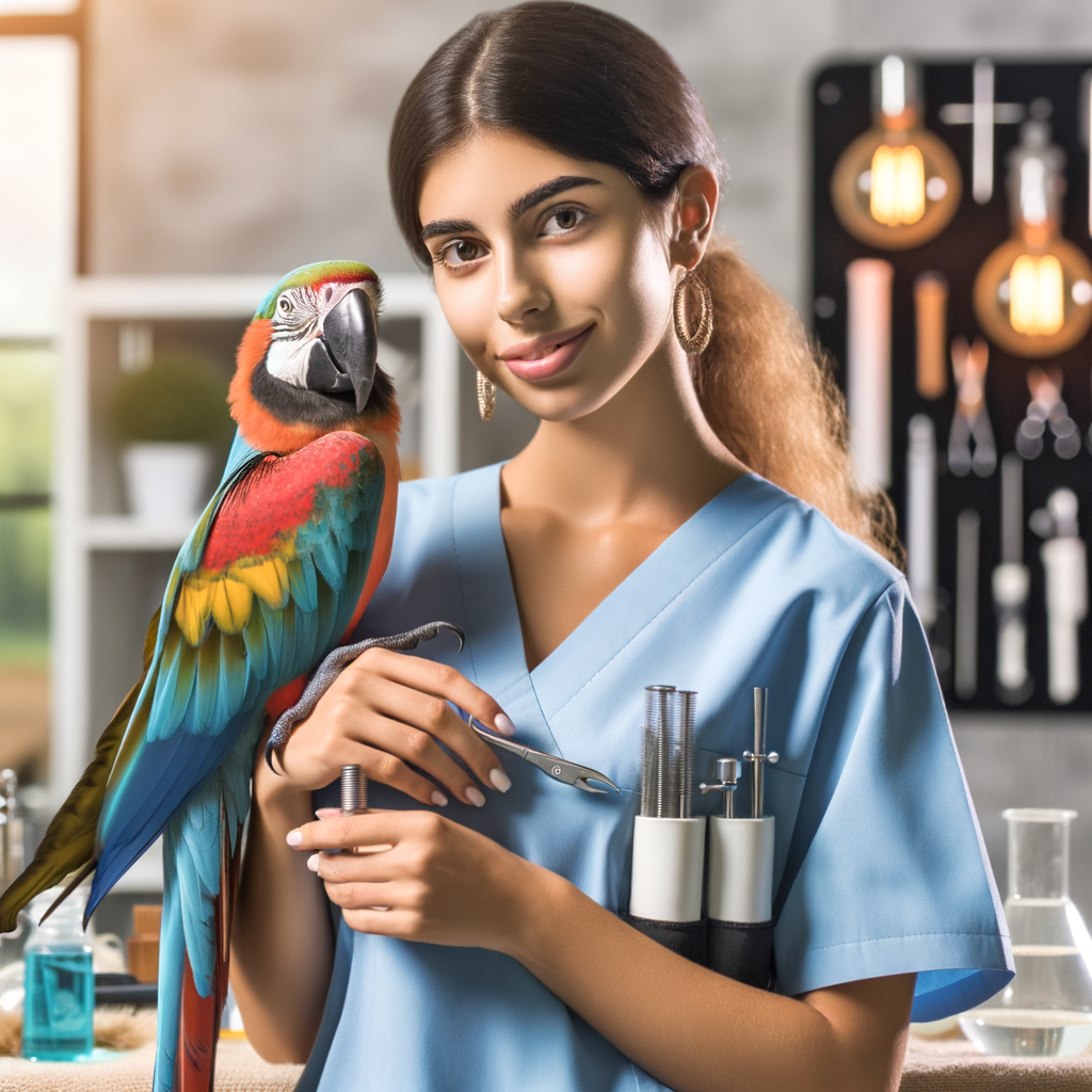 Professional avian handler demonstrating safe macaw handling techniques in a well-lit indoor setting with macaw care equipment, emphasizing macaw safety tips and best practices.