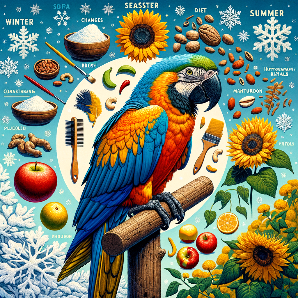 Vibrant macaw on a branch with winter snowflakes and summer sunflowers, highlighting seasonal macaw care tips like diet changes, feather maintenance, and hydration.