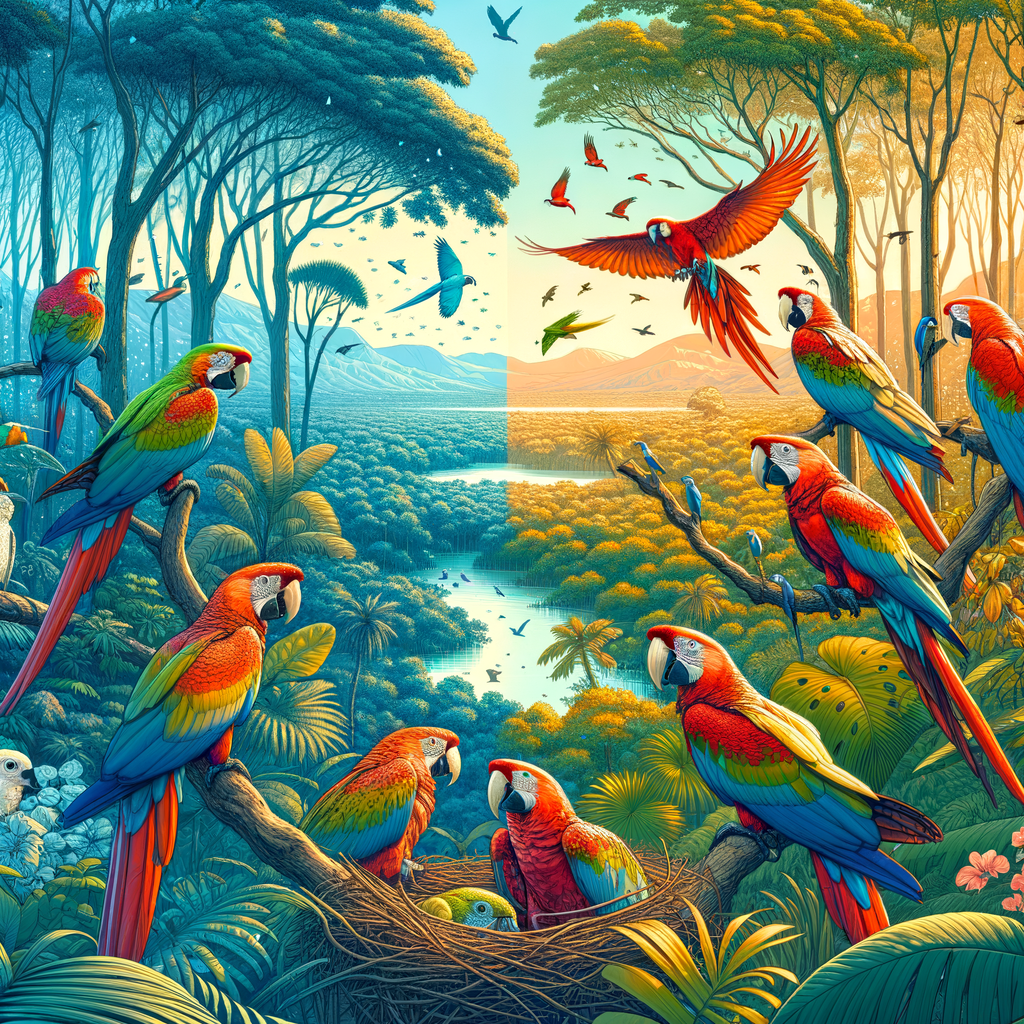 A vibrant rainforest scene of macaws feeding, nesting, and interacting, illustrating seasonal changes and their impact on macaw behavior, migration patterns, and habitat adaptations.