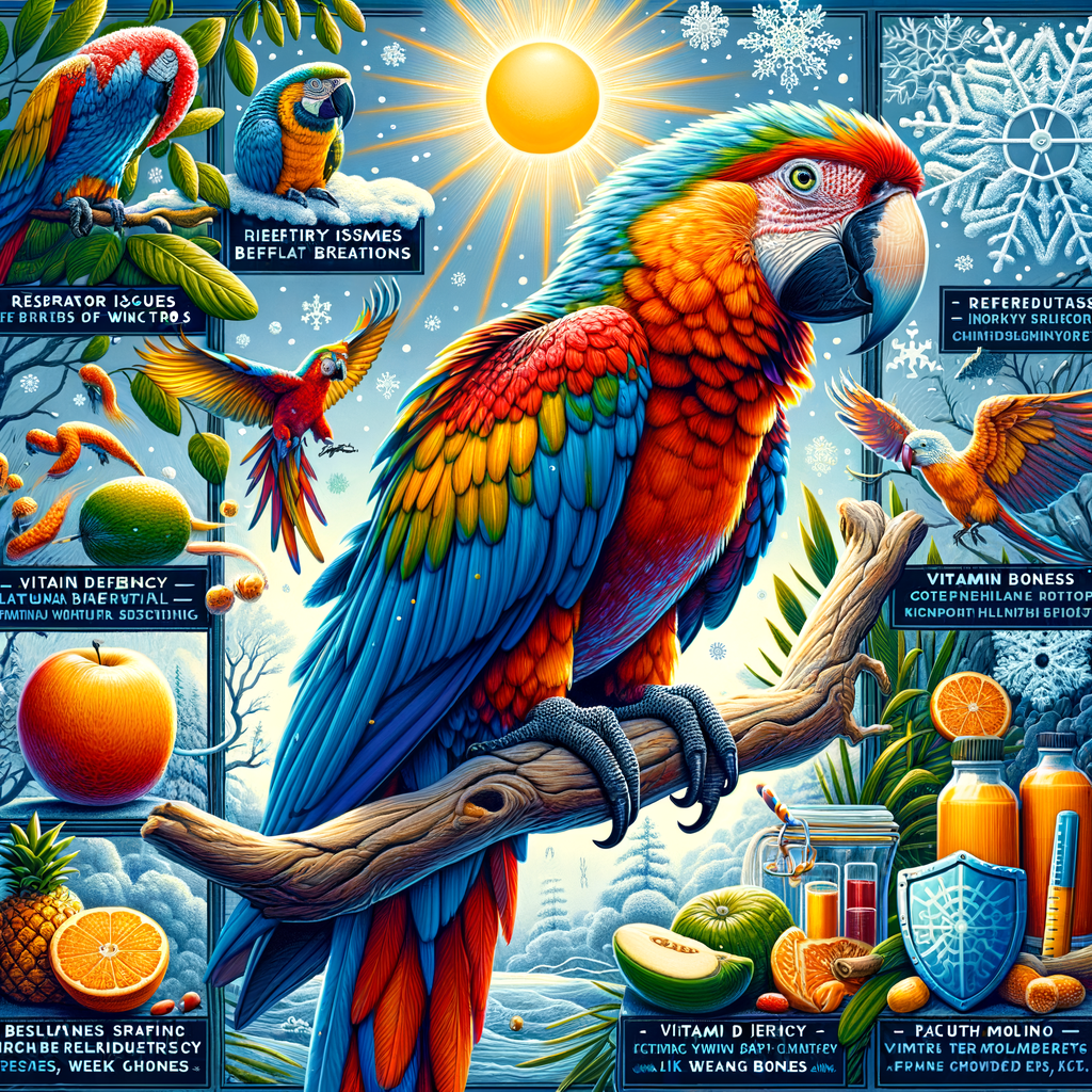 Vibrant macaw on branch with winter snowflakes and summer sun, highlighting seasonal health issues like respiratory infections, vitamin D deficiency, and feather molting, emphasizing macaw seasonal care.