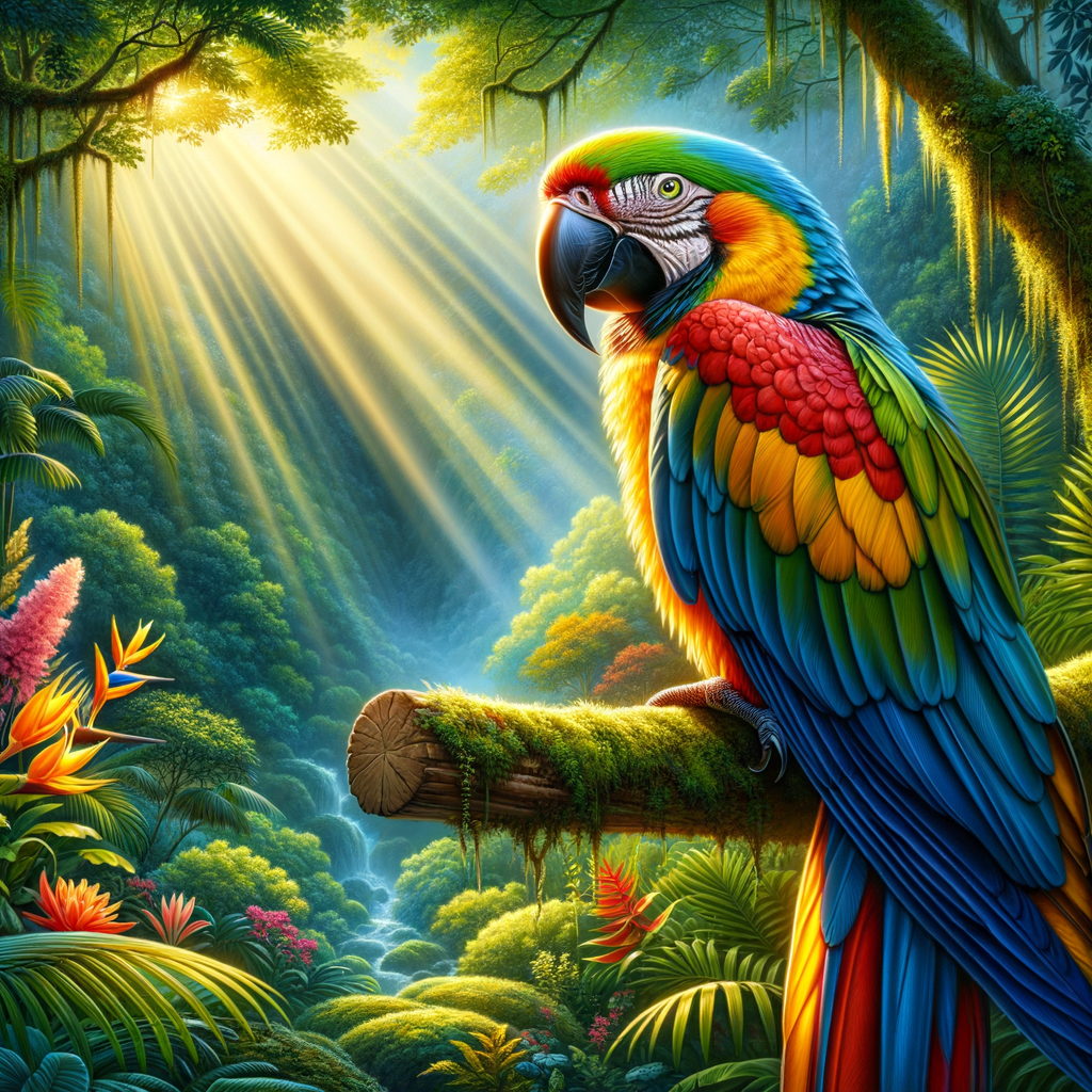 Healthy Macaw identification: A vibrant Macaw with glossy feathers, clear eyes, and alert posture in a lush habitat, showcasing key Macaw health signs.