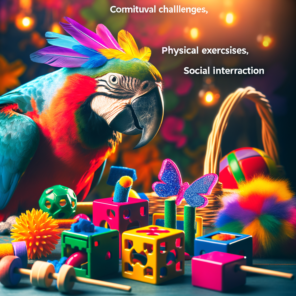 A vibrant macaw engaging with colorful toys and puzzles, showcasing the benefits of interactive play, mental stimulation, and social interaction for enhancing macaw well-being and behavioral health.