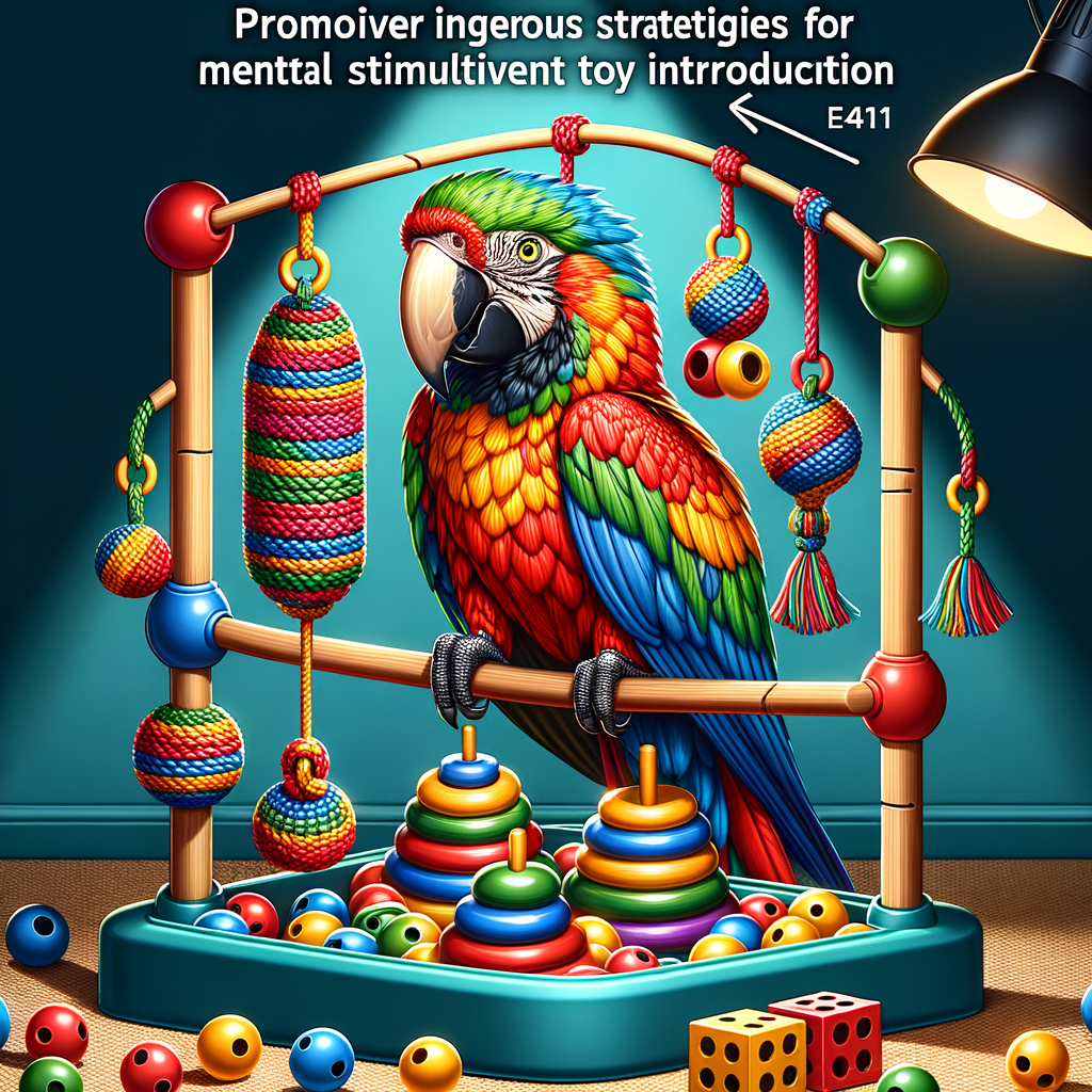 Vibrant macaw on a colorful play gym with engaging toys, showcasing safe and effective toy introduction for mental stimulation and enrichment.