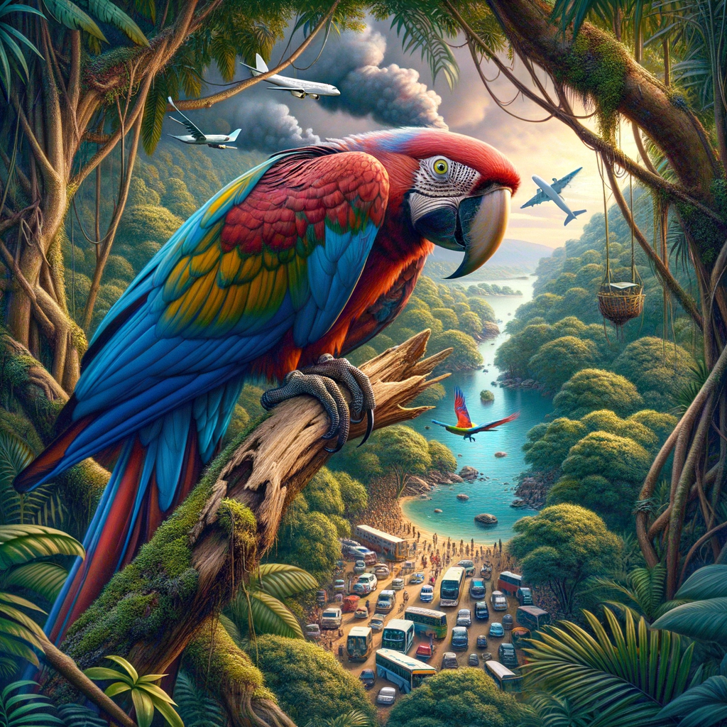 A stressed macaw with ruffled feathers perched in a noisy, tropical environment, illustrating the impact of noise pollution on macaw well-being and behavioral changes.