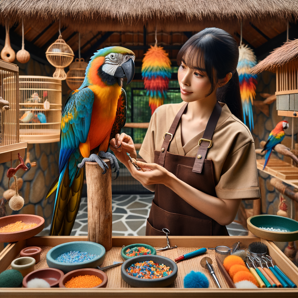 Vibrant macaw on a wooden stand in a well-maintained habitat with feeding bowls, grooming tools, colorful toys, and a caretaker demonstrating training techniques, highlighting routine macaw care and social interaction.