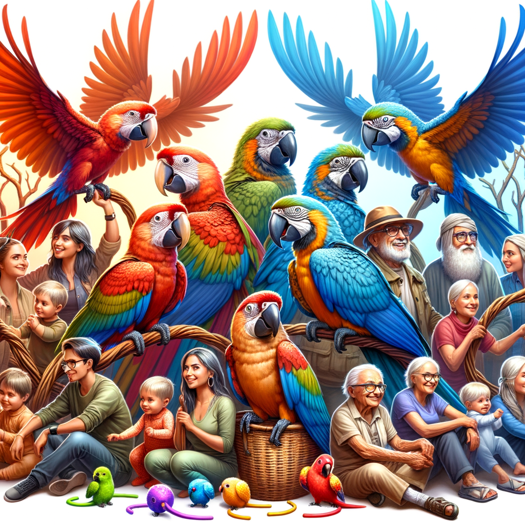 A vibrant scene of baby macaws interacting with humans, showcasing their colorful plumage and playful social behaviors, emphasizing the importance of early socialization and bonding for their development.