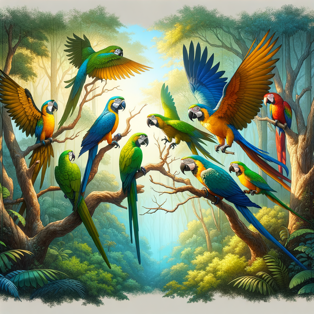 Colorful macaws engaging in playful interaction on tree branches, illustrating the benefits of macaw socialization and companionship for mental well-being.