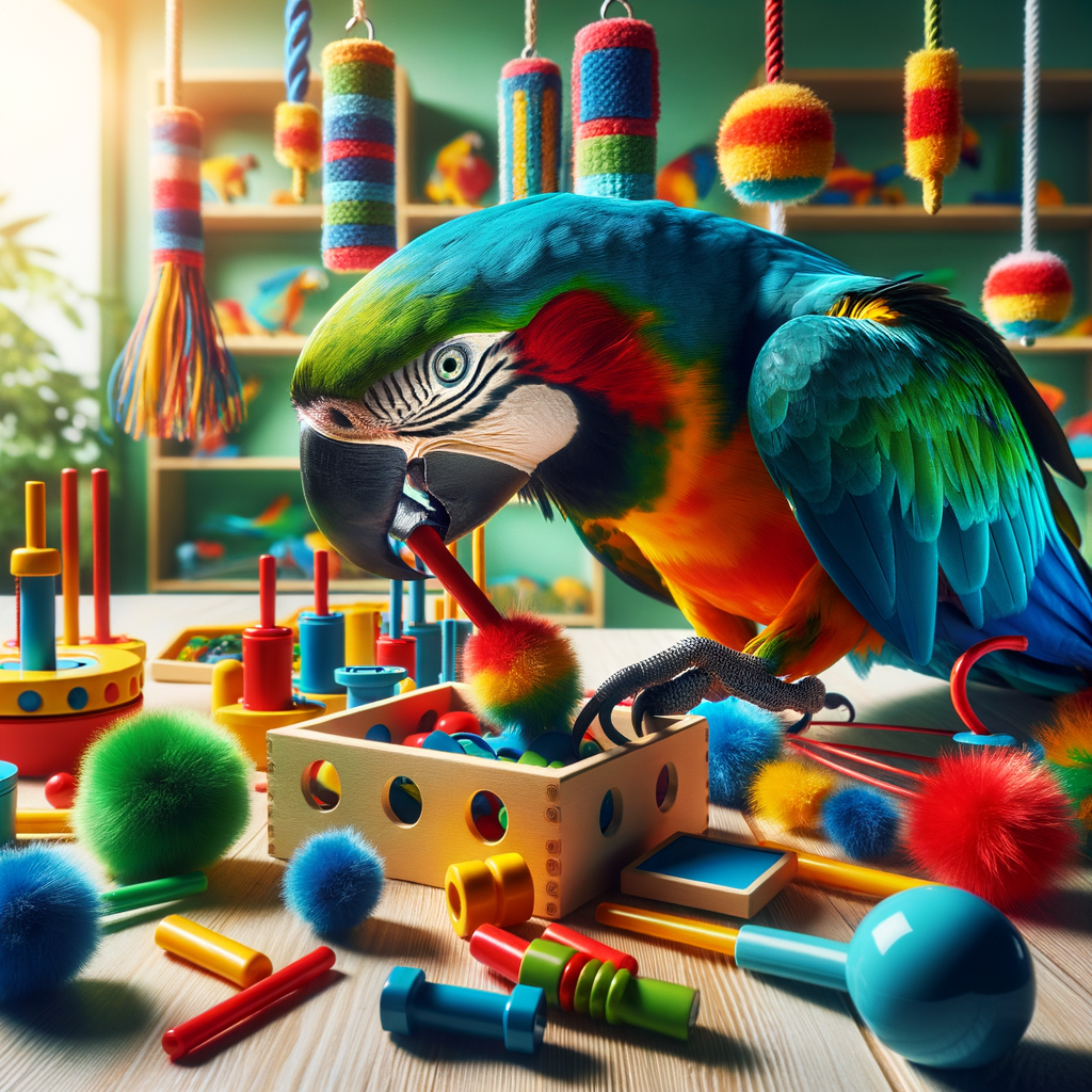 A vibrant macaw engaging with colorful toys and enrichment activities, illustrating the role of play in macaw mental health and emotional well-being.