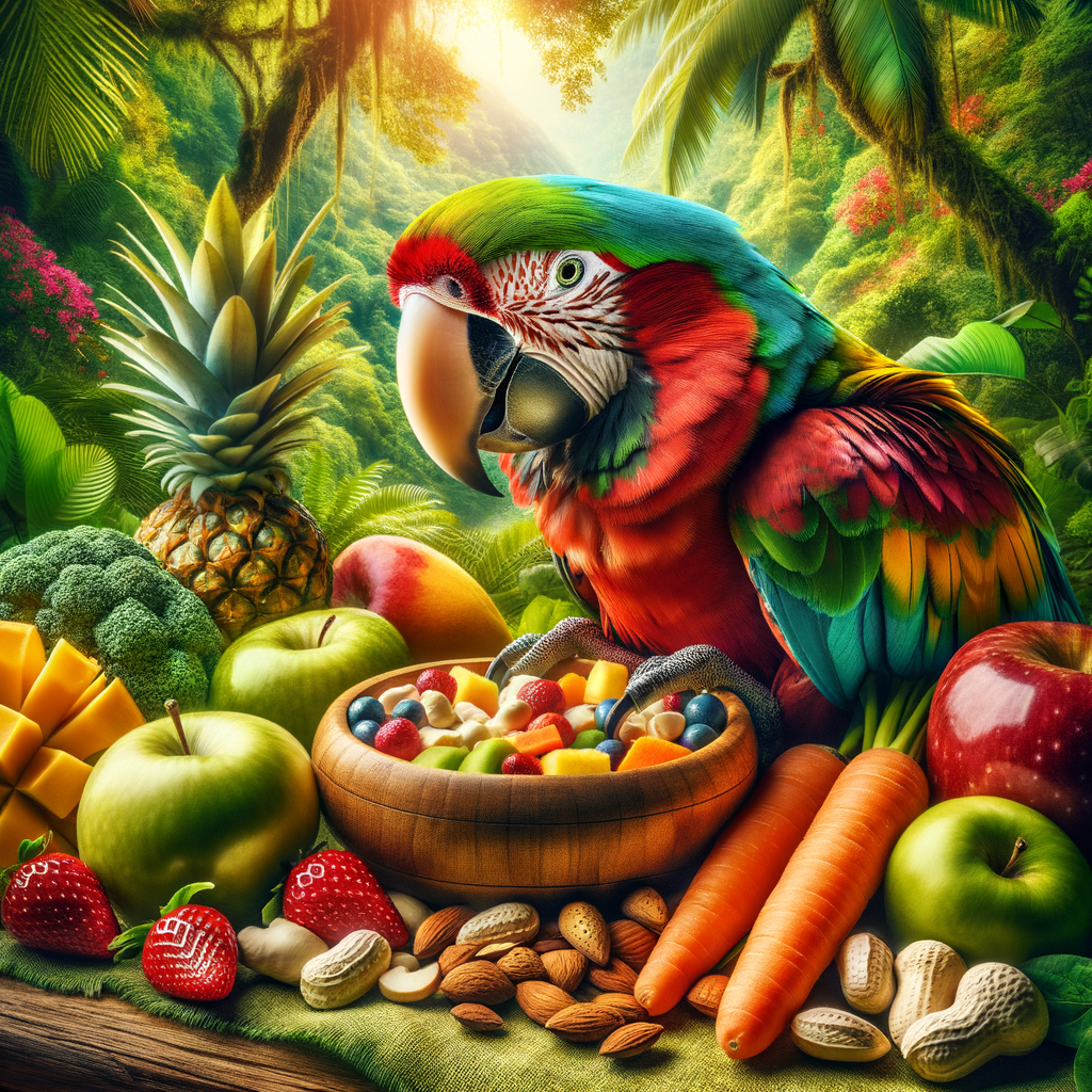 Senior macaw enjoying a balanced diet of fresh fruits, vegetables, nuts, and pellets in a lush tropical setting, illustrating the best diet for senior macaws.