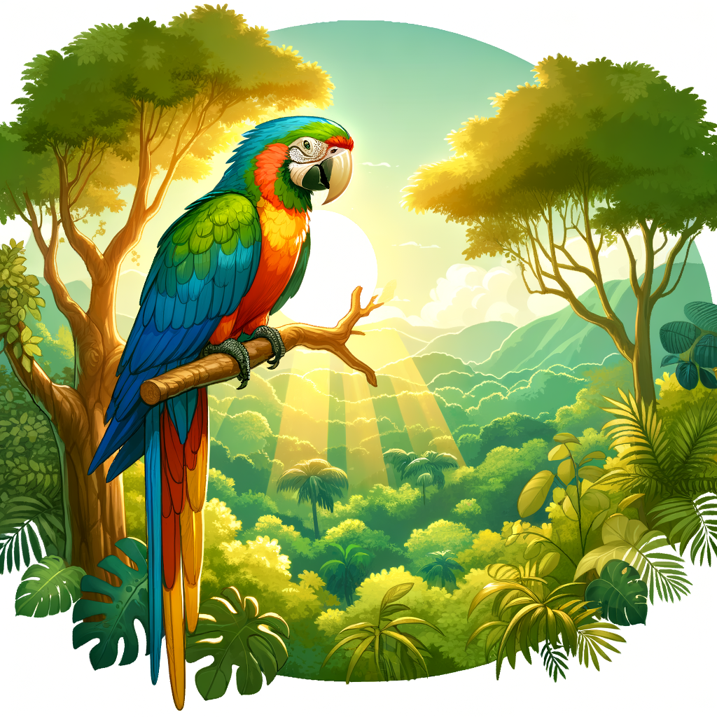 Vibrant macaw perched on a tree branch in a lush outdoor setting, showcasing the benefits of fresh air for macaw health and wellness.
