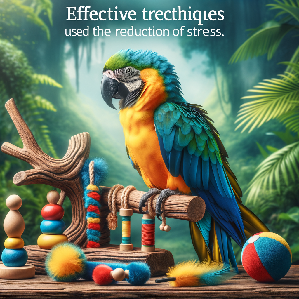 Vibrant macaw on a wooden stand in a stress-free environment with greenery and toys, showcasing macaw stress reduction and relaxation techniques.